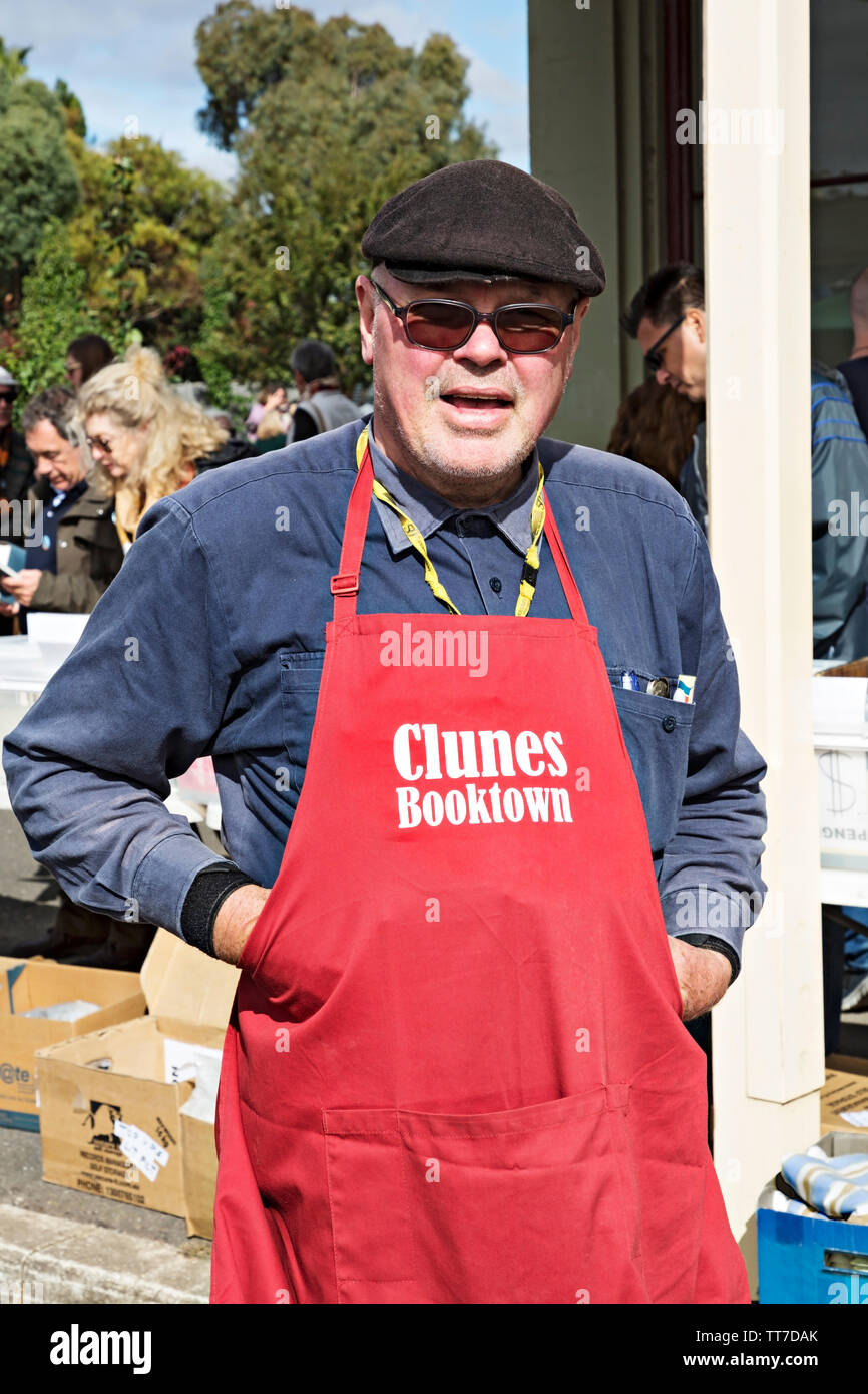 Bookseller at Clunes Booktown festival in the 1850`s gold mining town of Clunes in Victoria Australia. Stock Photo